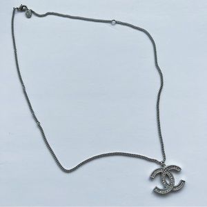 Vintage Chanel Large Silver Gold CC Crystal Pendant Necklace Duosided